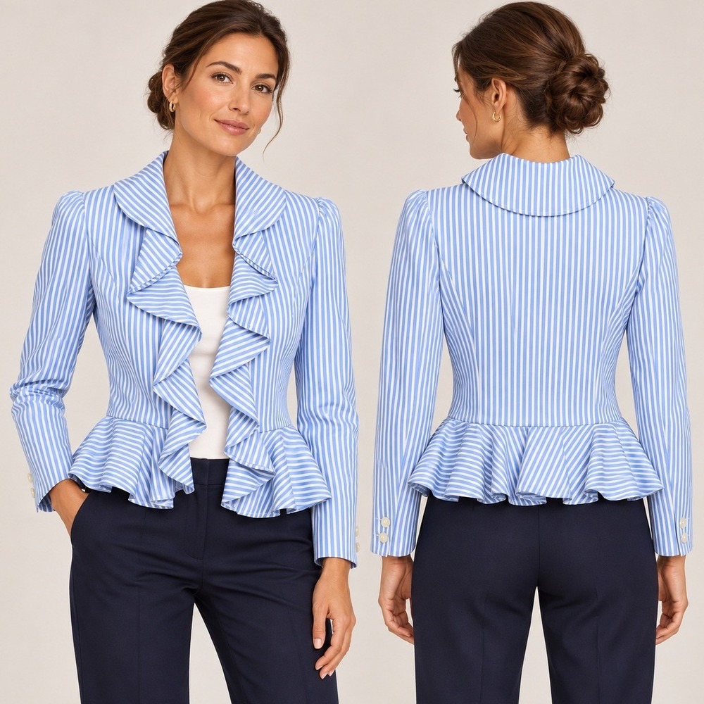 Lauren Ralph Lauren Jacket Women 16 Blue Cream Striped Ruffle Silk Cotton Blazer